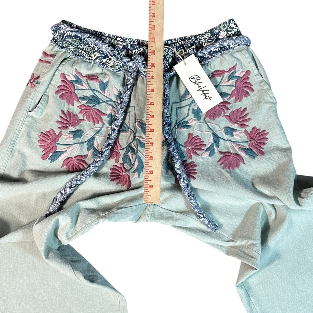 Blue Velvet Jogger Pants NWT Women S Sage Floral Embroidery Elastic Waist Cotton - Picture 6 of 11